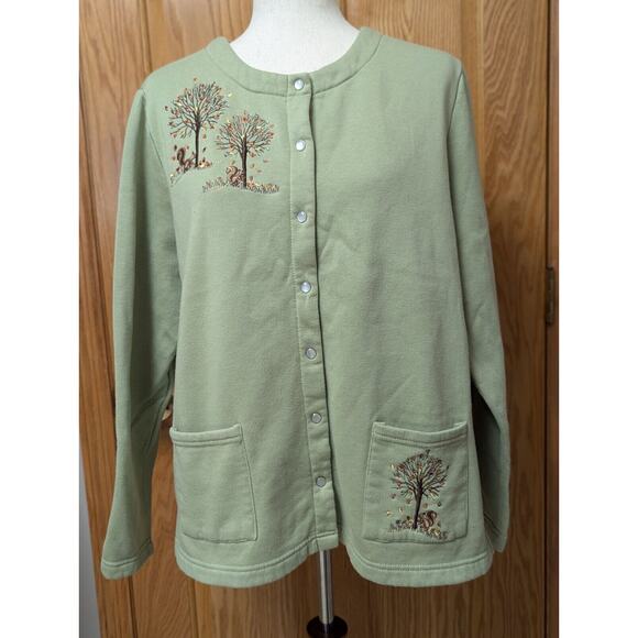 Breckenridge Cardigan Womens XL Green Embroidered Pearl Snap Fall Trees Squirrel - Picture 1 of 10
